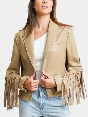 Fringe Sleeve Faux Leather Jacket in Tan